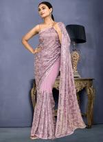 Georgette Lavendar Wedding Wear Embroidery Work Saree